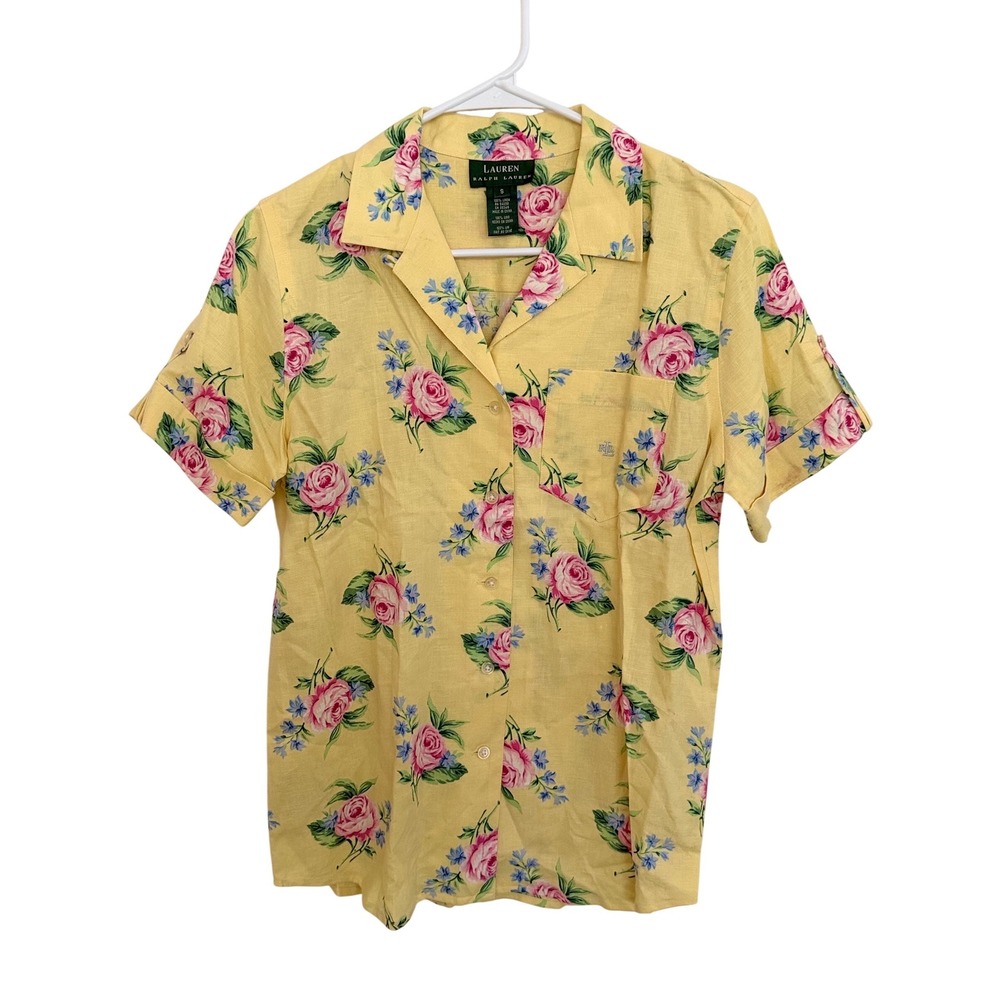 Lauren Ralph Lauren Linen Shirt Womens Small Yellow Pink Floral Rose Button Down